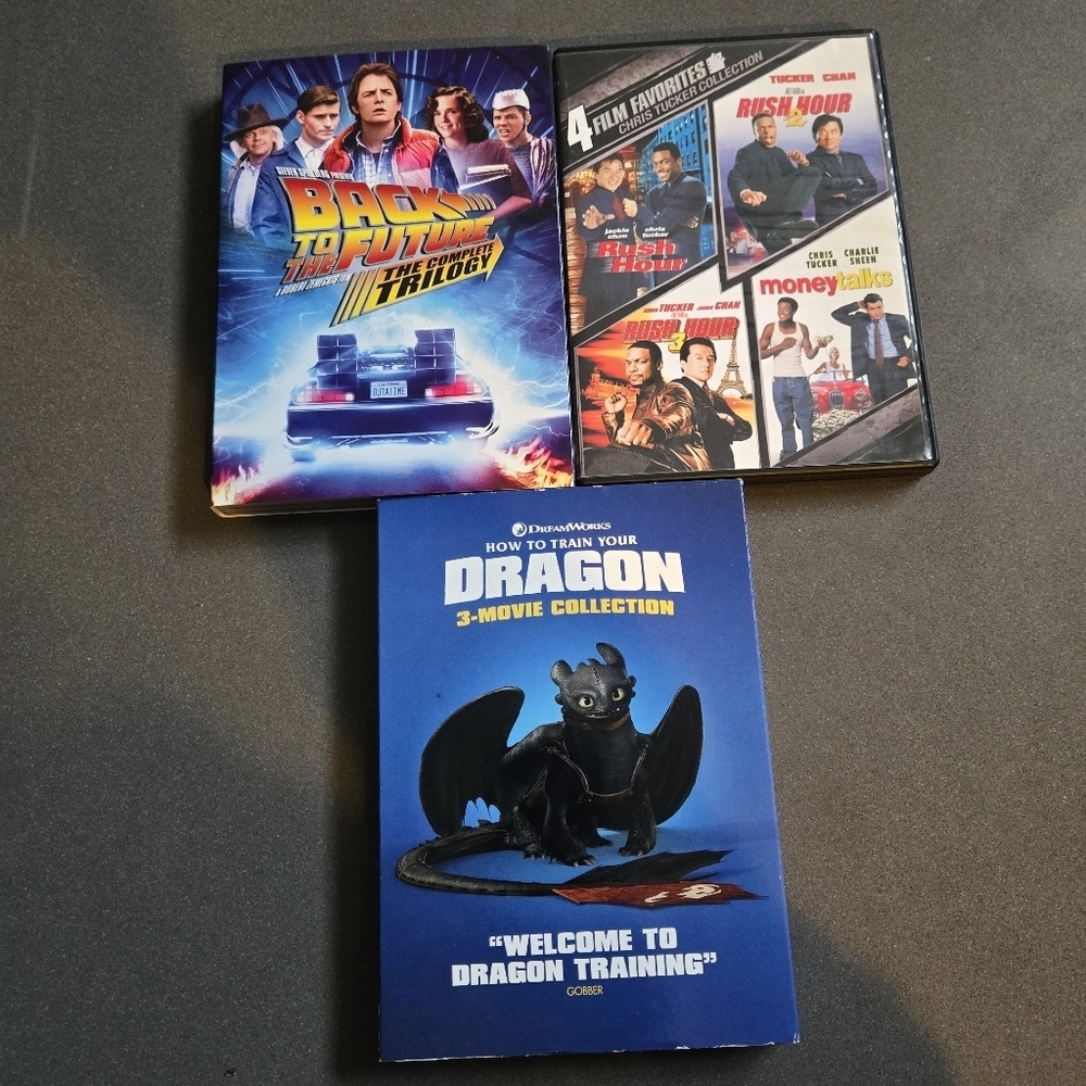 Back to the Future Trilogy, Rush Hour 4 DVD set, How to Train Your Dragon 3 DVDs